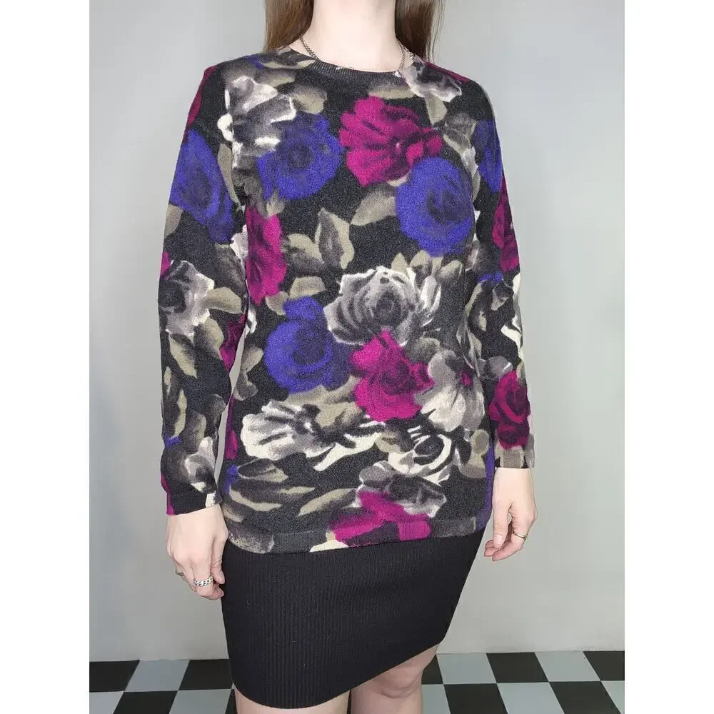 80s Vintage Lambswool Colorful Pink Blue Floral Fuzzy Long Sleeve Sweater Sz M - Picture 6 of 8